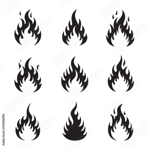 Vector illustration of an icon set of nine stylized black fire flames arranged on a white background ready for design.