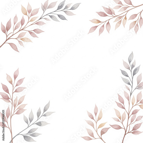 Watercolor branches with muted pink, gray, beige leaves isolated on white