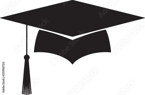 Black graduation cap with tassel and book silhouette isolated on transparent background
