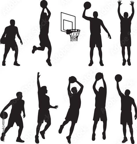 Player Dunking Basketball Silhouette

Basketball Dribbling Action Vector

Jump Shot Silhouette of Basketball Player

Basketball Hoop and Ball Vector Art

Fast Break Basketball Scene Silhouette