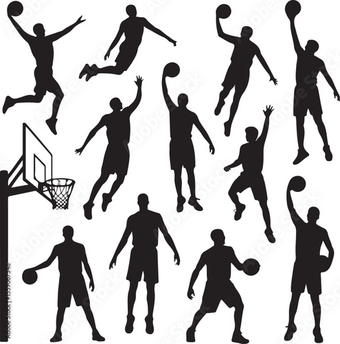 Player Dunking Basketball Silhouette

Basketball Dribbling Action Vector

Jump Shot Silhouette of Basketball Player

Basketball Hoop and Ball Vector Art

Fast Break Basketball Scene Silhouette