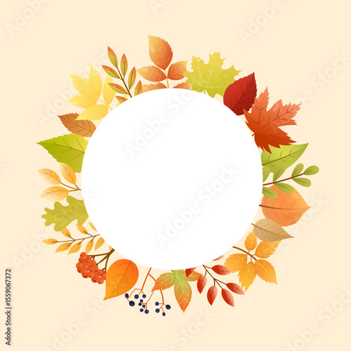 Autumn round frame with colorful leaves. Vector fall wreath with leaves and berries. Hello fall. Vector seasonal illustration. Template for poster.