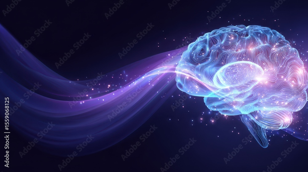 Naklejka premium A glowing brain illustration with flowing lines and sparkles, representing creativity and intellect.