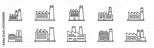 Industrial factory buildings icons set. Business manufacture station, chemical industrial construction.