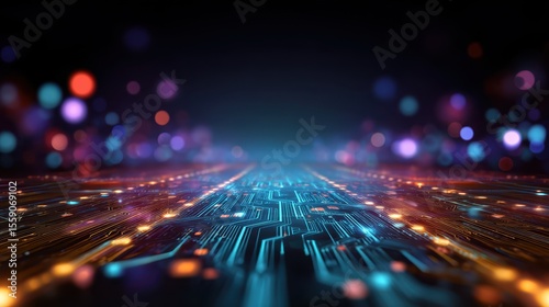 Futuristic digital landscape with glowing circuitry and colorful bokeh lights creating a tech-inspired atmosphere.