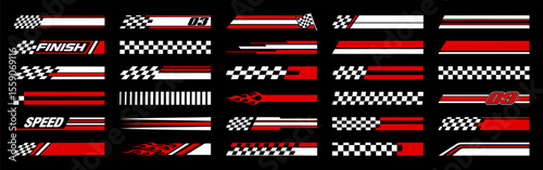 Racing cars and race car stripes set. Checkered flag, motocross labels, dynamic lines, motorsport, racing stripe speed, sport decals, tuning stickers