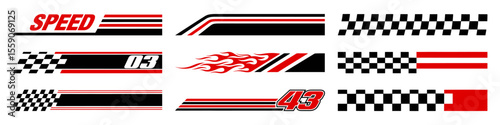Racing cars and race car stripes set. Checkered flag, motocross labels, dynamic lines, motorsport, racing stripe speed, sport decals, tuning stickers