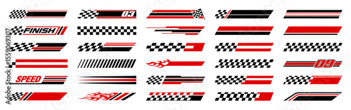 Racing cars and race car stripes set. Checkered flag, motocross labels, dynamic lines, motorsport, racing stripe speed, sport decals, tuning stickers