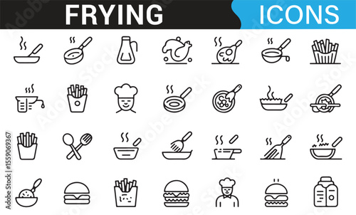 Various Frying and Cooking Icons for Fast Food and Culinary Projects