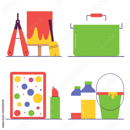 Art supplies and painting tools illustrated in a flat design style