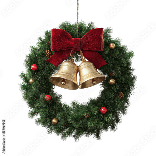 Christmas Wreath with Gold Bells and Red Bow