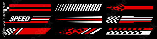 Racing cars and race car stripes set. Checkered flag, motocross labels, dynamic lines, motorsport, racing stripe speed, sport decals, tuning stickers