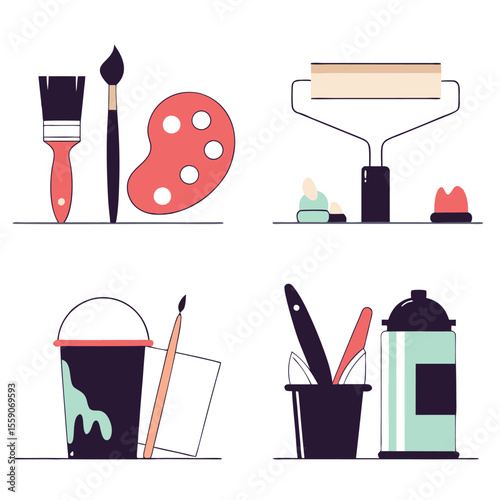 Collection of creative tools including paintbrushes palette paint can and roller