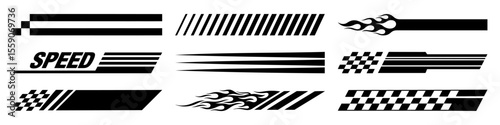 Racing cars and race car stripes set. Checkered flag, motocross labels, dynamic lines, motorsport, racing stripe speed, sport decals, tuning stickers