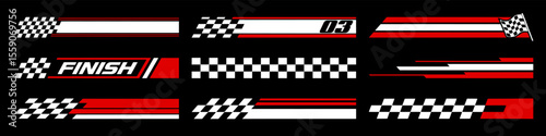 Racing cars and race car stripes set. Checkered flag, motocross labels, dynamic lines, motorsport, racing stripe speed, sport decals, tuning stickers