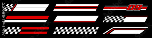 Racing cars and race car stripes set. Checkered flag, motocross labels, dynamic lines, motorsport, racing stripe speed, sport decals, tuning stickers