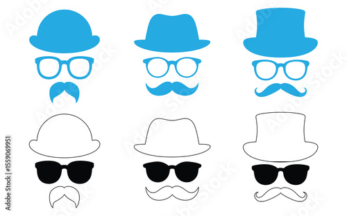 Mustache and Glasses with hat icon set. vector Illustration.Set mustache, hats, glasses,Collection of hipster style icons with hats, glasses, and mustaches