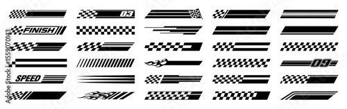Racing cars and race car stripes set. Checkered flag, motocross labels, dynamic lines, motorsport, racing stripe speed, sport decals, tuning stickers