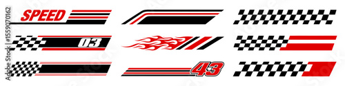 Racing cars and race car stripes set. Checkered flag, motocross labels, dynamic lines, motorsport, racing stripe speed, sport decals, tuning stickers