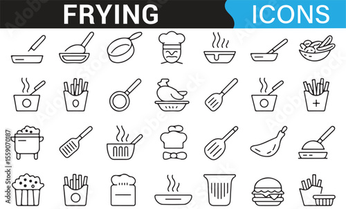 Icons of Frying and Food Items for Kitchen and Restaurant Illustrations