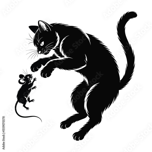 Black Cat Hunting Mouse Silhouette Dramatic Monochrome Animal Illustration Vector Graphic Design