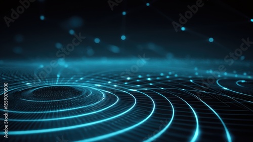 Abstract digital wave patterns in blue tones create a futuristic, tech-inspired visual effect against a dark background.