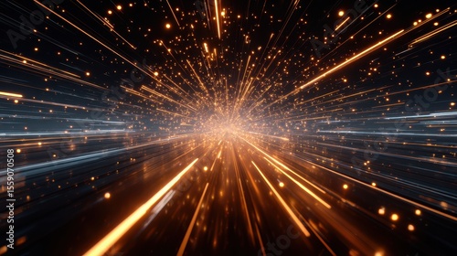 Expansive motion with glowing lines and particles creates a dynamic sense of speed and energy in a dark background.