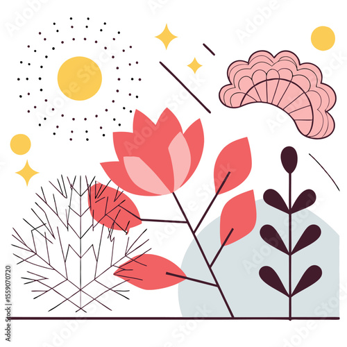 Abstract nature inspired illustration with floral elements and geometric shapes