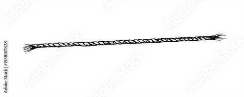 Monochrome piece of straight twisted rope with frayed ends vector illustration painted by black inks. Etching drawing of hemp rope for nautical decor, rustic packaging, and craft projects.