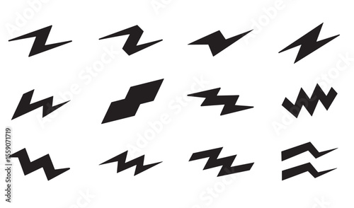 Collection of black silhouette lightning bolt icons in various designs and angles on white background