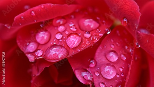Macro close up of vibrant red rose petals covered in glistening dew drops reflecting the flower s delicate texture