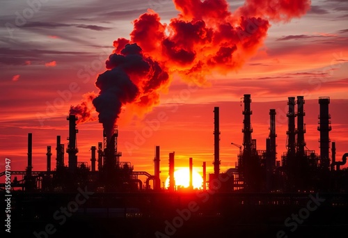 Fiery refinery sunset; colossal structures, billowing smoke, vibrant sky, industrial landscape, dramatic flames,   gas,  towers