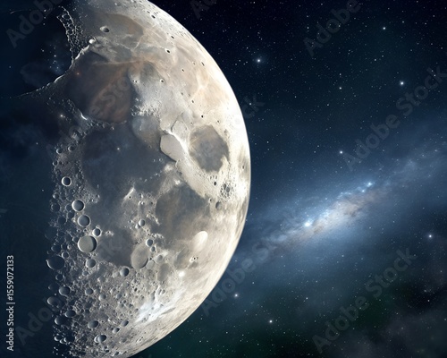 Hyper-realistic close-up of the moon with glowing surface textures, craters, and cosmic backdrop in deep space with stars all around