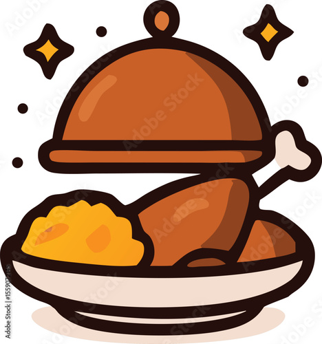 An illustration of a Thanksgiving dinner platter with turkey, mashed potatoes, and a dome cover, radiating light