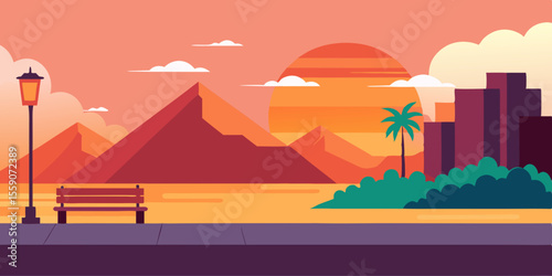Empty City Embankment With Mountain Skyline