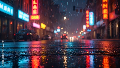 Fototapeta Naklejka Na Ścianę i Meble -  Rainy city street at night with vibrant neon signs reflecting on wet pavement and falling raindrops