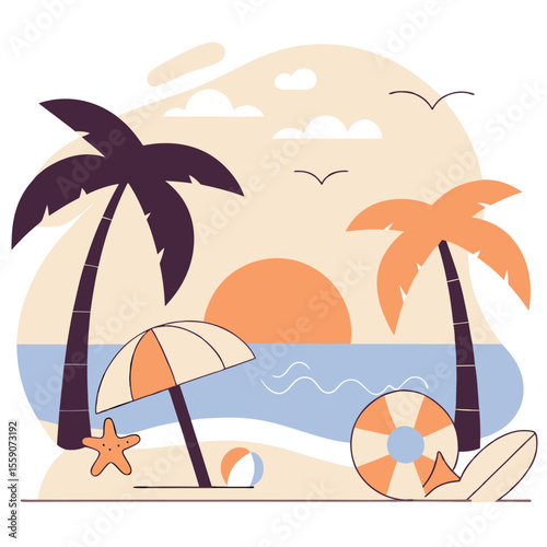 Stylized tropical beach scene with palm trees and beach accessories