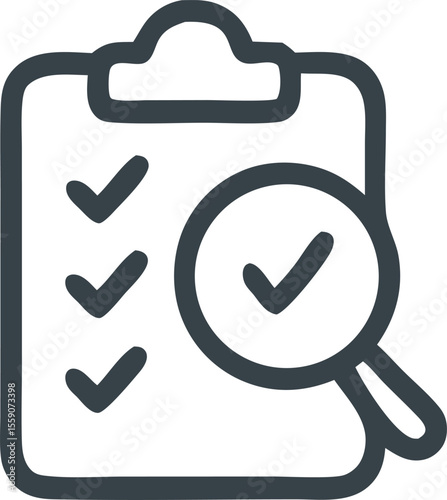 Clipboard icon with check marks and magnifying glass, symbolizing audit, inspection, and confirmation process effectively