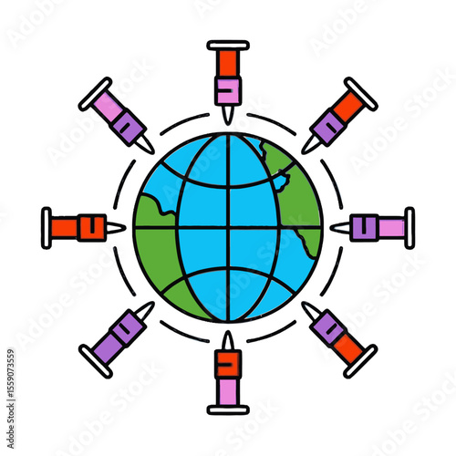 Globe surrounded by syringes Syringes have various colored handles