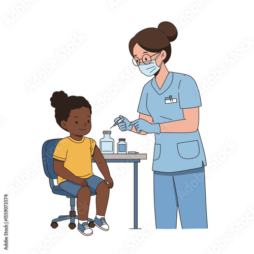 Illustration of a nurse vaccinating a child in a medical setting featuring healthcare and prevention