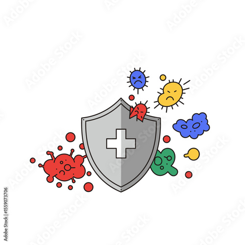 A grey shield with a white cross protects against viruses and bacteria