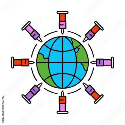 A globe surrounded by syringe drawings hinting at vaccination