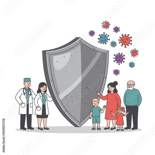 A family stands behind a shield alongside doctors threatened by stylized virus images