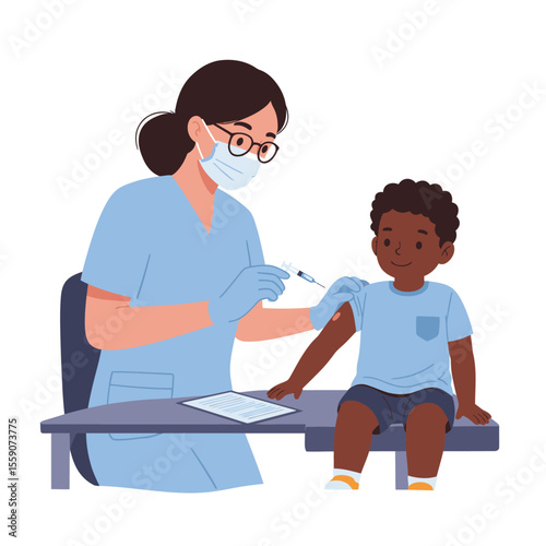 A child receiving a vaccine shot from a healthcare worker wearing a mask and gloves at a medical table