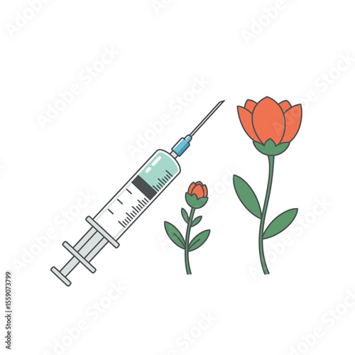 An injection syringe is next to two orange flowers of different sizes
