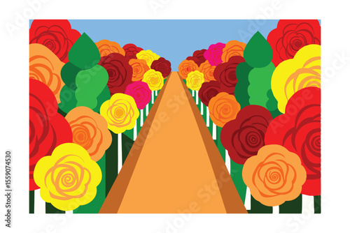 Vibrant Garden Path Lined with Colorful Roses and Greenery