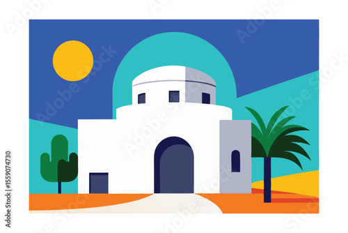 Desert Oasis Architecture with Palm Tree and Cactus