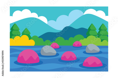 Idyllic Mountain Landscape with River and Stepping Stones