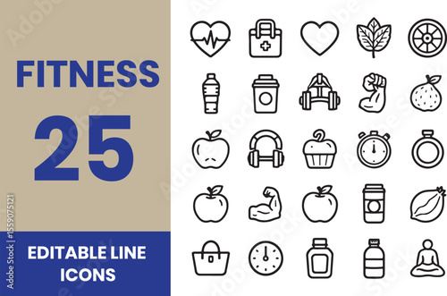 Outline icons about fitness. Healthcare. Contains such icons as gym, training, sports, running, diet, body building, yoga and equipment.
