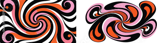 Vector art of two dynamic swirling patterns in orange, pink, and black isolated on transparent background, evoking a retro vibe